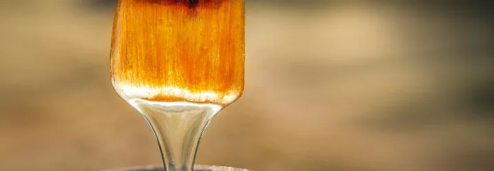 Pinsel mit Farbe über Farbtopf